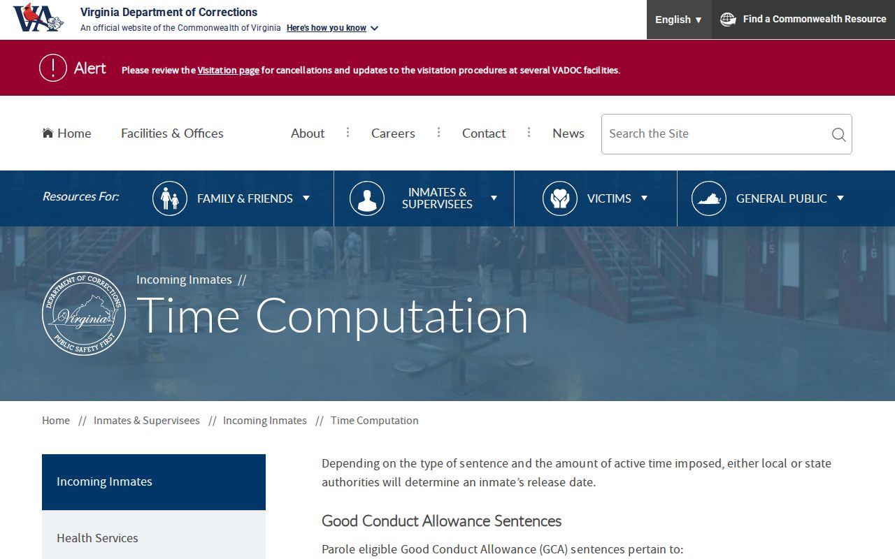 Stafford County projected release date and VADOC time computation rules
