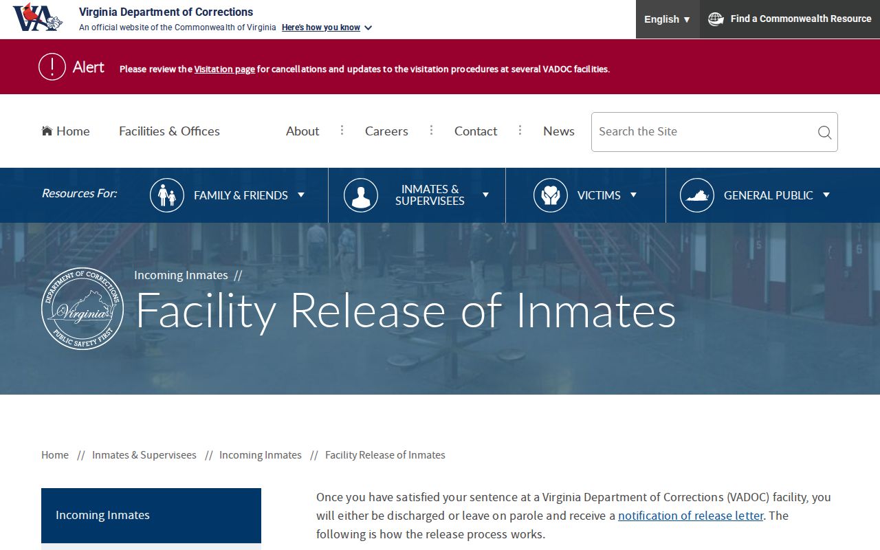 Stafford County actual release documents in the VADOC facility release process