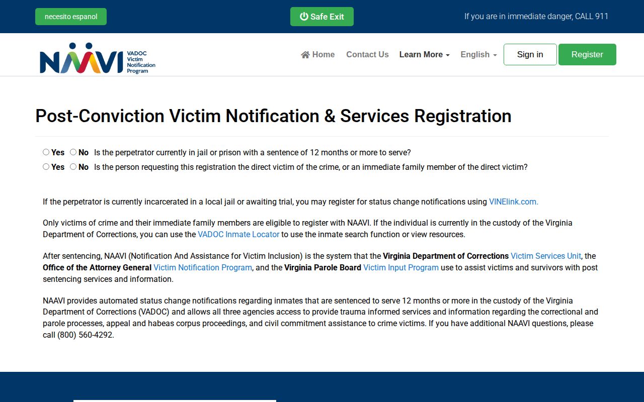 Virginia NAAVI registration for Stafford County post-sentence release alerts